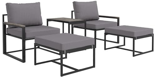 Outsunny Gartenmöbel Set 2 Personen Stahl wetterfest Balkonmöbel-Set mit 2 Sessel Sitzkissen Beistelltisch Hocker Outdoor Sitzgruppe Terrassenmöbel Gartengarnitur für Garten Terrasse Balkon Grau