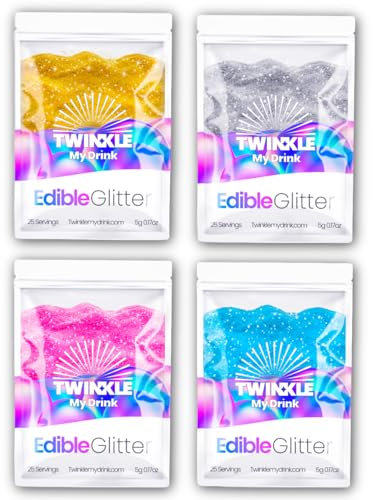 Twinkle Drink Paillettes Comestibles Vegan 4 Couleurs Or Argent Rose Bleu - 4 x 5g (100 Portions Total) - 25 Portions par Sachet - Halloween Decoration - Décoration Cocktails Gâteaux Cupcakes