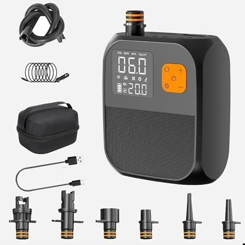 Vtizikl 8000Mah SUP Pump, 3 IN 1 Electric Pump with 6 Nozzles, LED Light, Touchable Screen, Charging Treasure, Wireless High Power Electric Air Pump for Paddleboard, Tent, Mattress (Black)