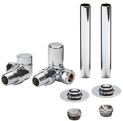 MILANO Chrome Corner Radiator Valves Pipe Sleeve Kit | Brass Construction. Fits Radiators & Towel Rails. Corner Valve Design. Contemporary Style. 1/2 Threads. Fits 15mm Pipes.