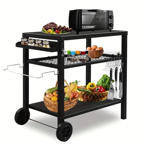 WJIAYAO Outdoor Grill Cart Outdoor Grill Cart Oven Stand 3-Shelf Flattop BBQ Prep Movable Table with Wheels