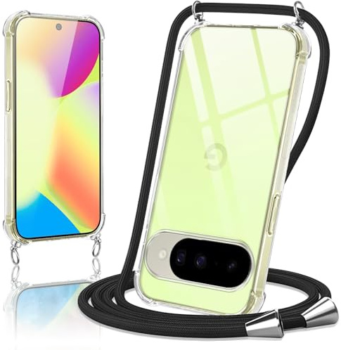 Oelrstfe Funda con Cuerda para Google Pixel 10, Carcasa Transparente TPU Suave Case con Correa Colgante Ajustable, Antigolpes Cover Colgante Correa de Cuello Cadena Cordón (Negro)