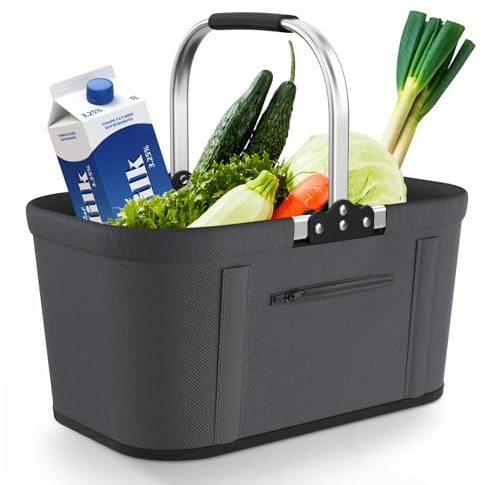 Yeabett 30L Faltbarer Einkaufskorb mit 4 Stützstangen | Stabiler Tragekorb & Picknickkorb | Großer Faltkorb für Familie (46x27x25cm) | Mit gepolsterten Griffen | Für Einkauf, Reise, Camping (Grau)