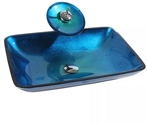 HAVVMK Blaues Badezimmer-Aufsatzwaschbecken, 22 Zoll großes künstlerisches Glaswaschbecken mit Wasserfall-Mischbatterie und Pop-Up-Ablaufgarnitur, Auftischmontage