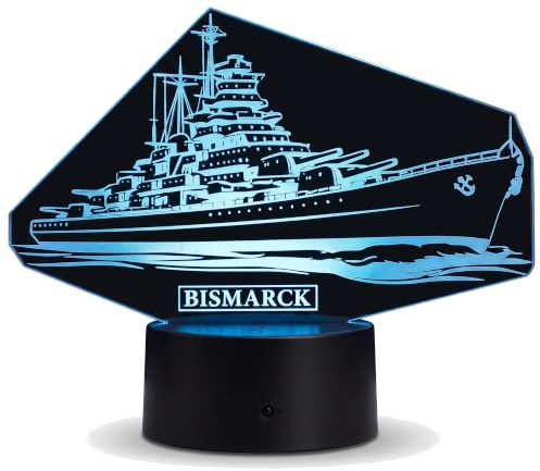 Bismarck Lampe LED Nachtlicht – Kriegsschiff Deko Geschenk für Männer | 23 x 15 cm, 16 Farben dimmbar, Fernbedienung, Touch, USB & Batterie, Acrylglas graviert in Deutschland