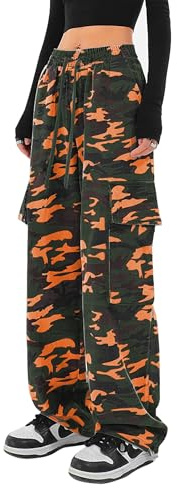 SESERAGI Cargo Pants Women Baggy Streetwear Y2K Drawstring Trousers Wide Leg Pants, D-camo Orange, XXL