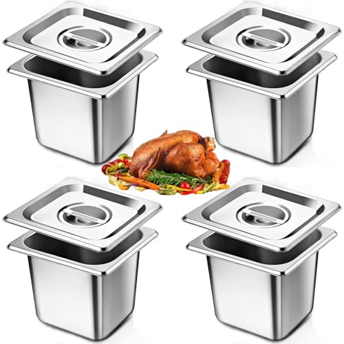 ORFCP 4 Stück gn Behälter mit Deckel, Gastro Behälter, Edelstahl Behälter mit Deckel, Edelstahlbehälter mit Deckel, Gastronormbehälter, Warmhaltebehälter Essen, 1/6 Größe, 17,5 x 16 x 15 cm