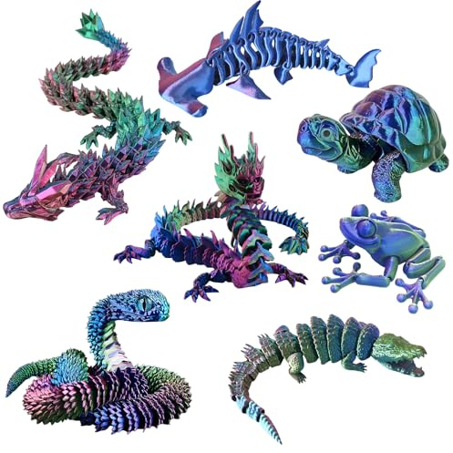 BrvDrn 3D Gedruckte Tiere, 7 Stück 3D Drache Und Schlangen Tiere, Bewegliche 3D Tiere Beweglich Für Schreibtisch Und Sammlung, Inklusive Schlange, Drache, Krokodil, Frosch, Hai, Schildkröte