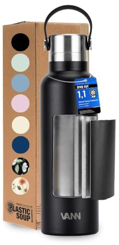VANN Trinkflasche 600ML 100% Edelstahl - 3fach isoliert [24h kalt 12h warm] | Wasserflasche für Fitnessstudio, Sport - 3fach Isolierung, BPA-Frei - Edelstahlflasche Auslaufsicher - Essential Schwarz
