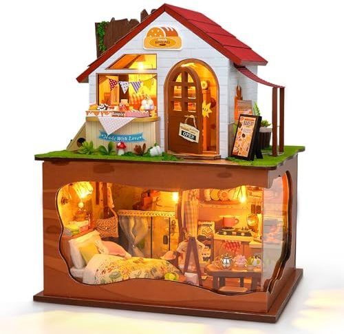 Cuteefun Miniature DIY Dolls House Kit, with Dust Cover & LED, 1:24 Scale | Wooden Handmade Crafts for Adults Teens, Home Decoration, Creative Gift for Birthday, Christmas (Bakehouse)