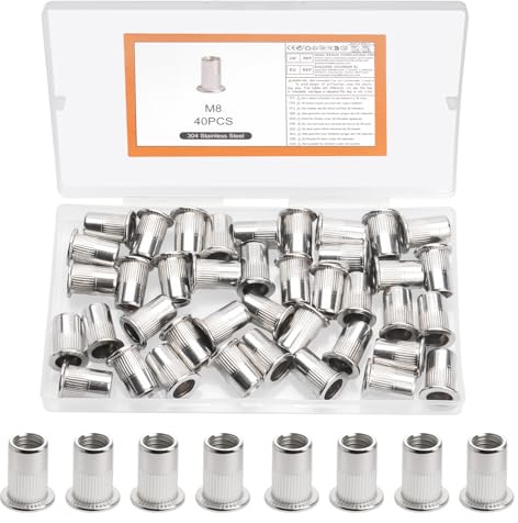 40 Pcs M8 Rivet Nuts, Metric Rivnuts Assortment Kit, Stainless Steel Rivets, Threaded Insert Nuts, Flat Head Nutserts, Threaded Rivet Nut Set for Metal Sheets, Electrical Appliances, Industrial