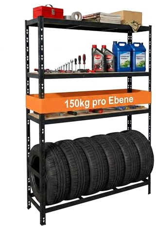 Relaxdays Reifenregal für 6 Reifen, HxBxT 180 x 120 x 40 cm, 600 kg, Stahl, Stecksystem, Reifenlager Werkstatt, schwarz
