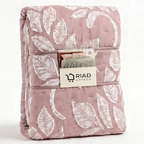 Riad Arredo Trapuntino Matrimoniale Primaverile Estivo Double Face Ricamato Morbida Microfibra 250x250 cm - Copriletto Trapuntato Leggero Elegante Moderno Anallergico (Clipper Rosa Antico)