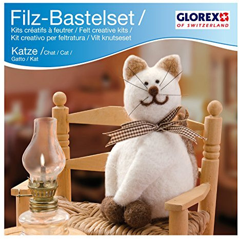 Glorex 6 2902 603 - Kreatives Filz Bastelset Katze, Filzset mit Trockenfilzwolle, fertige Figur ist ca. 14 x 7 cm groß