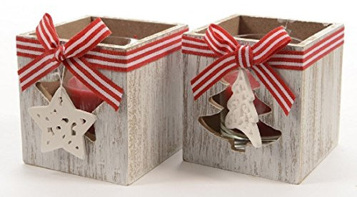 Unbekannt Windlicht Teelichthalter Würfel Weihnachten Holz Glas weiß Kerzen Landhausstil Stern Baum Stückpreis