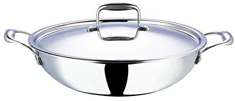 Vinod Cookware Food Grade 4.5 Litre Induction Friendly Platinum (TRI PLY) 18/8 Stainless Steel Kadai with Stainless Steel Lid (30cm, 4.5 Litre)