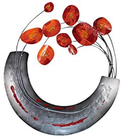 KunstLoft Wanddeko Metall | 100% HANDGEFERTIGT | 62x70x7cm | Wandbild Metall 'Blühende Mohnblumen' | Abstrakte Skulpturen | Grau Rot | Wandskulptur | Metalldeko Wand Wohnzimmer