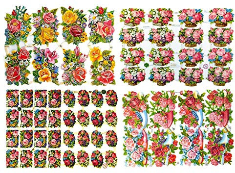 Glanzbilder Rosen Motiv Set aus 4 verschiedenen Oblaten Papierbögen zum Basteln und Verzieren