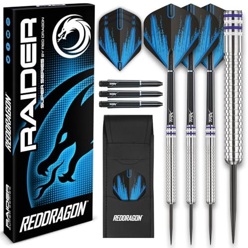 Raider 1: 23 Gramm Wolframpfeil-Set mit Stahlspitze - Professionelle Dartpfeile mit Schäften (Stielen), Flügen und Checkout-Karte - Wahl der Farbe verfügbar