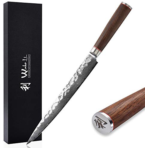Wakoli Nussbaum Damastmesser Sashimi, 25 cm Klinge aus 67 Lagen Damaststahl | Fischmesser & Sushimesser mit VG10-Kern, Hammerschlag & Nussbaumholzgriff; 15° V-Schliff je Seite, 60±2 HRC, mit Geschenkbox.