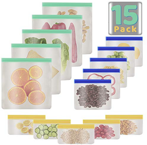Dimono® Silikonbeutel Wiederverwendbare Zip-Beutel Lebensmittel- und Gefrierbeutel Druckverschluss Launch Bag für Gemüse, Obst, Fleisch & Süßwaren (5x 750 ml; 5x 1000 ml; 5x 1800 ml, 15er Set)