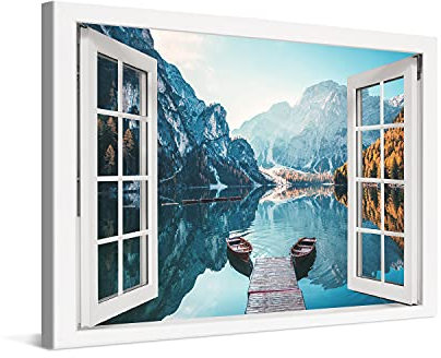 PICANOVA – Bild auf Leinwand Dolomites Bergsee Pragser Wildsee Fenster 120x80cm Leinwandbild – Premium Leinwanddruck – Wandbild Kunstdruck Auf 2cm Holz-Keilrahmen Wohnzimmer Wanddekoration – Berge
