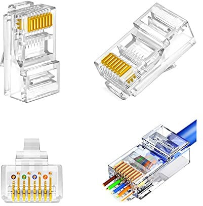 CAT6 Pass Through RJ45 Connectors End Plugs 25 Pack 8P8C 24AWG Ethernet Network Lan Flat Round Cable STP FTP Crimp Modular Gold Plated Connector CTA5e CAT5