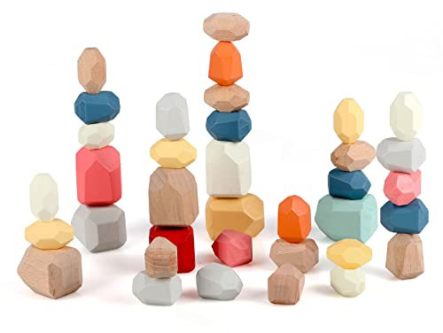 Jacootoys 36 Stück Balanciersteine Holz Stapeln Spielzeug Balancier Stein Stapelspiel Baustein für 3-jährige Kinder Jungen Mädchen