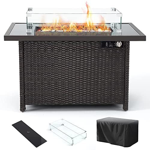 Propangas-Feuerstellen, PAMAPIC 50.000 BTU Auto-Zündung, Outdoor-Feuerstelle mit Glas-Windschutz, 104 cm Outdoor-Feuertische für Terrasse, Garten, Deck, Hinterhof, Pool