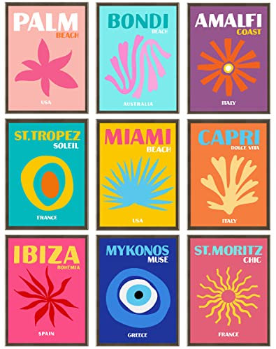 EDUS Adrette Zimmerdekoration, Adrette Ästhetisch Kunstdrucke Wand Dekoration, 9pcs (20.3x25.4 cm), Adrette Poster Drucke für die Schlafzimmer Dekoration, Preppy Stuff, Miami Beach Ibiza Reiseplakate