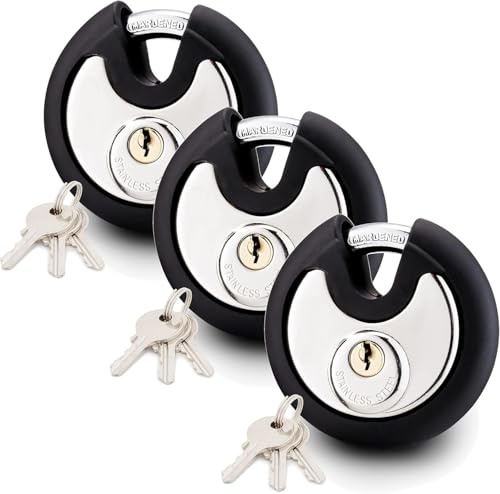 Satargo Heavy Duty Disc Padlock, 74mm Round Lock with Rubber Cover, Stainless Steel Body, Hardened Steel Shackle, 3 Keys, Weatherproof (3)