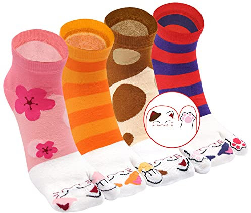 Tabi Socken Damen Flip Flop Zehensocken Baumwolle Geta Socken Kurze Zwei-ZehenSocken Japanische Stil Bunt Lustig Sakura-Muster, Größe 35-41, 4 paare-Glückskatzen