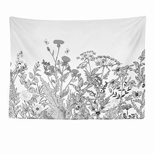 Ulticool - Natur Blumen Schwarz Weiß Wandteppich XXL - 200 x 150 cm - Poster Wand Tuch Fototapete - Vintage Hippie Boho Aesthetic Deko - Wandbehang Vorhang - Accessoires Schlafzimmer Wohnzimmer