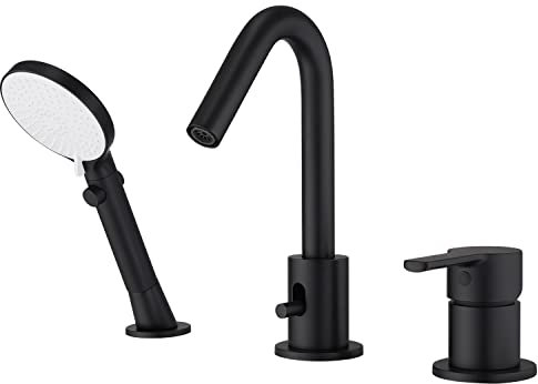 CREA Römische Wannenarmatur Schwarz, Wannenarmatur Badewanne Badewanne Wasserhahn Set 3-Loch mit Handbrause Wanne Auslauf Umsteller Deck-Mount Ausziehbare Badezimmer Badewanne Wasserhahn
