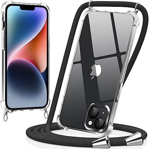 caslord Handyband kompatibel mit iPhone 14 6.1'', Necklace Hülle mit Bands Handyhülle für zum Umhängen, Transparent Case mit Handykordel, Schwarz