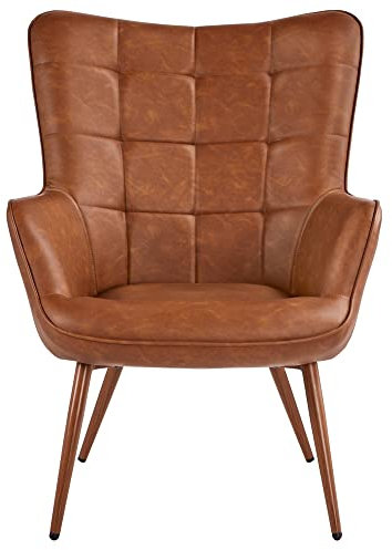Yaheetech Accent Chair, Faux Leather Modern Armchair with High Back and Metal Legs, Sofa Chairs for Living Room/Bedroom, Brown