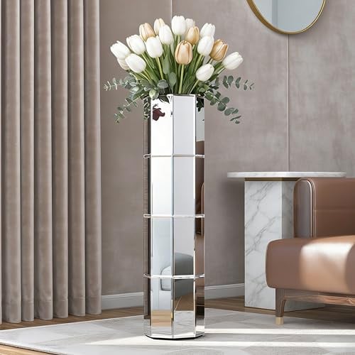 Spiegel Bodenvase 71 cm hoch, Silberne Dekorative Glas Hochvase zur Wohnzimmerdekoration – Große Zylindrische Standvase für Schlafzimmer, Hauswinkel, Innenbereich und Büro