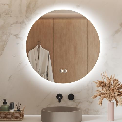 S'AFIELINA Badspiegel mit Beleuchtung Rund 70cm LED Badspiegel mit Touchschalter Badezimmerspiegel Rund 3 Lichtfarbe Warmweiß Neutral Kaltweiß Lichtspiegel, Dimmbar