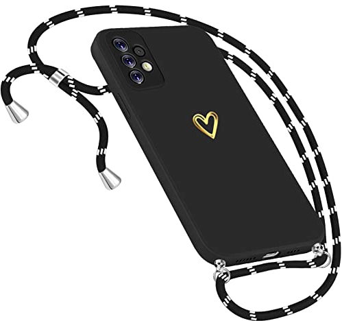 Handykette Hülle für Samsung Galaxy A52 /A52s Hülle Necklace, Herz Motiv Muster Handyhülle für Samsung Galaxy A52 Hülle mit Band Kordel Umhänge Band Ultradünn Samsung A52 4G 5G/A52s 5G Hülle (Schwarz)