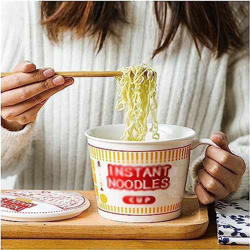 FISIDI Porcelain Bowls,Instant Noodle Ceramic Cup Bowl with Cover Box Student Lunch Box Instant Noodle Bowl Soup Bowl