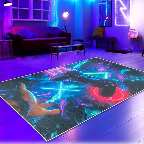 CARPETIA Gaming-Teppich Gamer Jungs Teenager lebendig-Bunte neon-farbige Symbole schwebender Controller 140 x200 cm