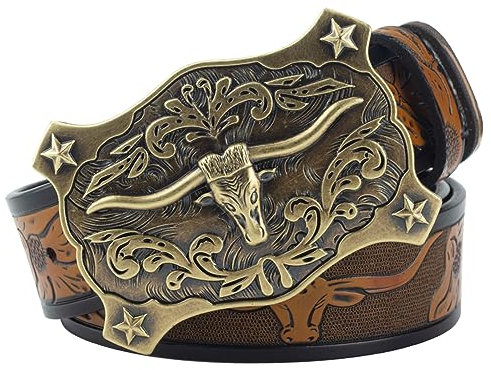 JIARY Western Cowboy Gürtel Herren, Herren-Gürtel, Jeansgürtel mit Longhorn-Stierkopf-Muster Schnalle Vintage-Gürtel mit geprägter Gravur,A camel,125CM/49.2''