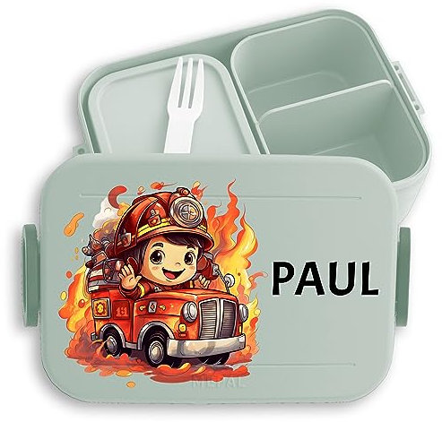 Bento Box Midi Lunchbox für Mepal Bentobox - Feuerwehrjunge Feuerwehr Junge Kinder - 900 ml - Sage Grün - brotdose name krippen brotzeitbox feuerwehrauto kindergarten geschenke fächern