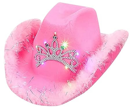 Pink Cowboy Hut Cowboyhut Damen mit Federn Dekoration Erwachsene Rosa Pelzbesatz Breite Cowgirl Hut Glitzer Hut Fasching Westernhut Partyhüte für Party Halloween Karneval Kostüm Kostümzubehör