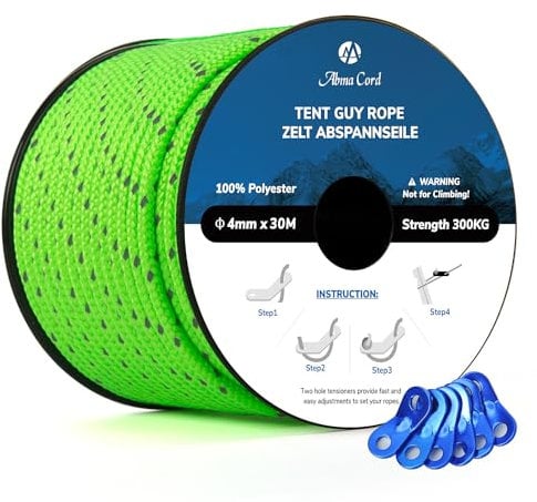 Abma Cord 30M Cuerda de Tienda Campaña Reflectante 4mm con 6 Pcs Tensores Ajustador - MAX. 300kg - Reflectante Neón Verde