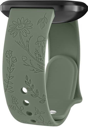 Vancle Armband für Fitbit Versa 2, Damen Herren, Silikon Armbänder Floral Gravierte Uhrenarmband Sport Ersatzarmband, Olivgrün
