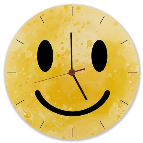 Grinsendes Emoticon gelbe Wanduhr witzige Uhr mit gelbem Strichgesicht für Gute Laune auf der Arbeit im Büro oder einfach als lustige Dekoration