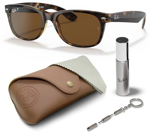 Ray-Ban RB2132 New Wayfarer quadratische Sonnenbrille, BRILLEN-SET | Exklusiv-Etui und Care-Kit | Polished Tortoise/Polarized B-15 Brown