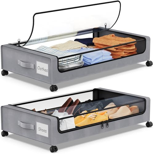 YAASHEEN Under Bed Storage with Wheels, 2-Pack Under the Bed Storage Containers with Clear Lids & Label, Underbed Storage Bins, XXL 60L Rolling Metal Drawer for Clothes, Shoes, Toys, Books - Gray