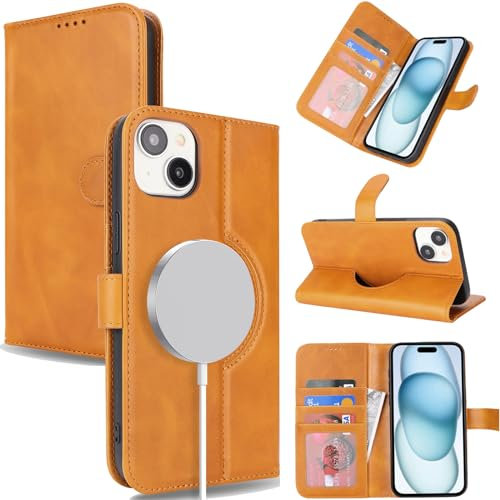 Zouzt Genuine Leather Wallet case for iPhone 15 6.1 Inch, Compatible with MagSafe Real Leather Flip Folio Book Protective Phone Cover Women Men for iPhone 15 - Light Brown